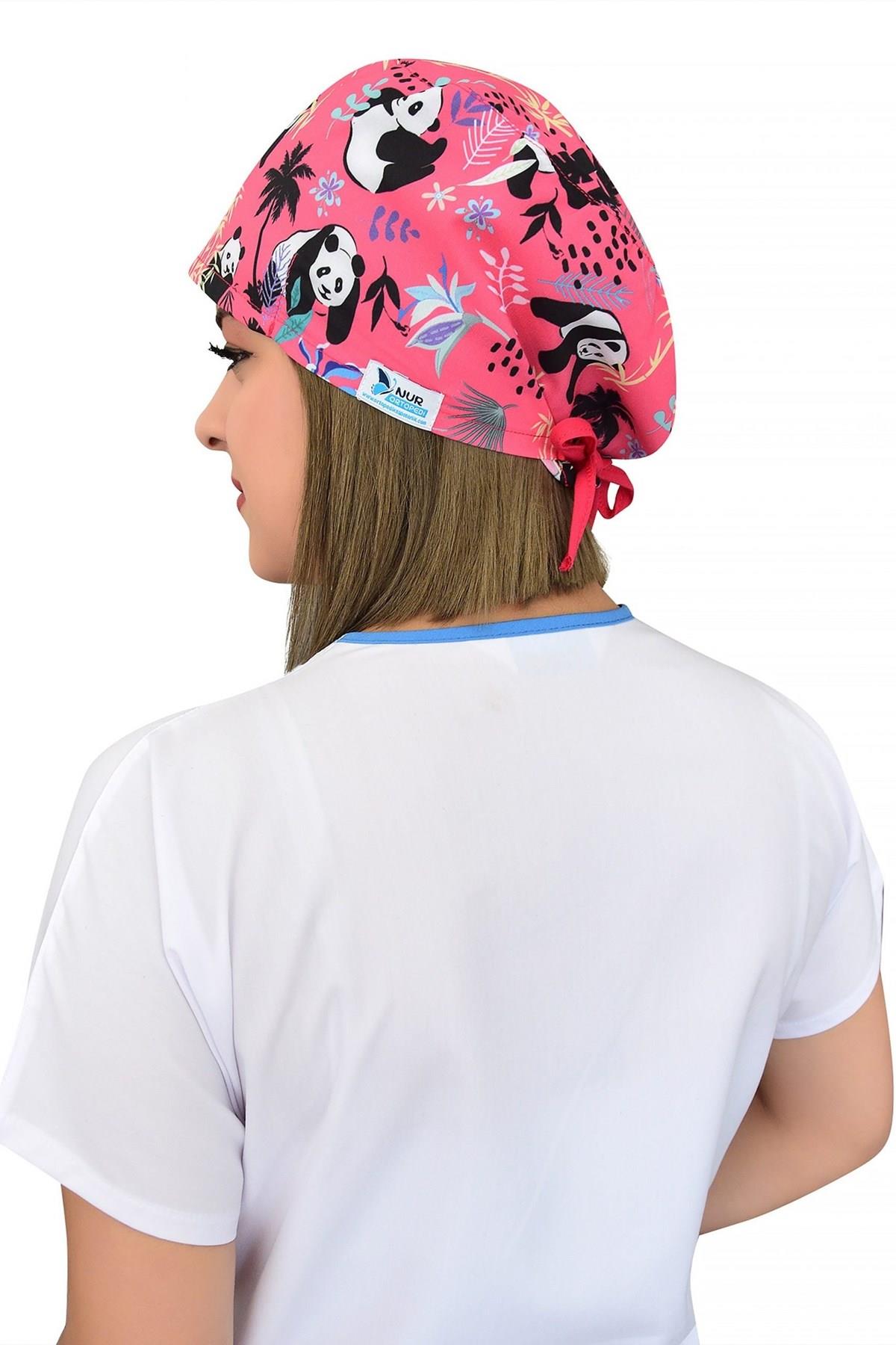 Unisex Pembe Panda Desenli Cerrahi Bone Doktor Hemşire Saç Bone-Nur Medikal Giyim