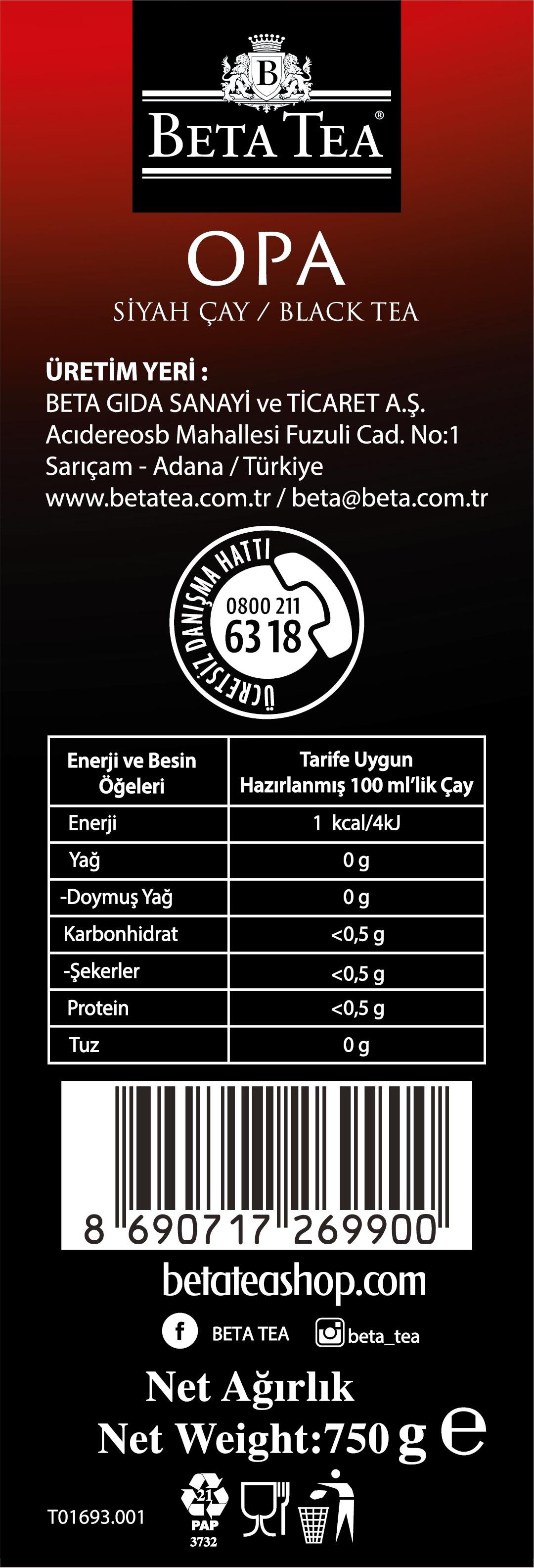 Beta Premium Opa 750 Gr % 100 Seylon İthal Siyah Çay