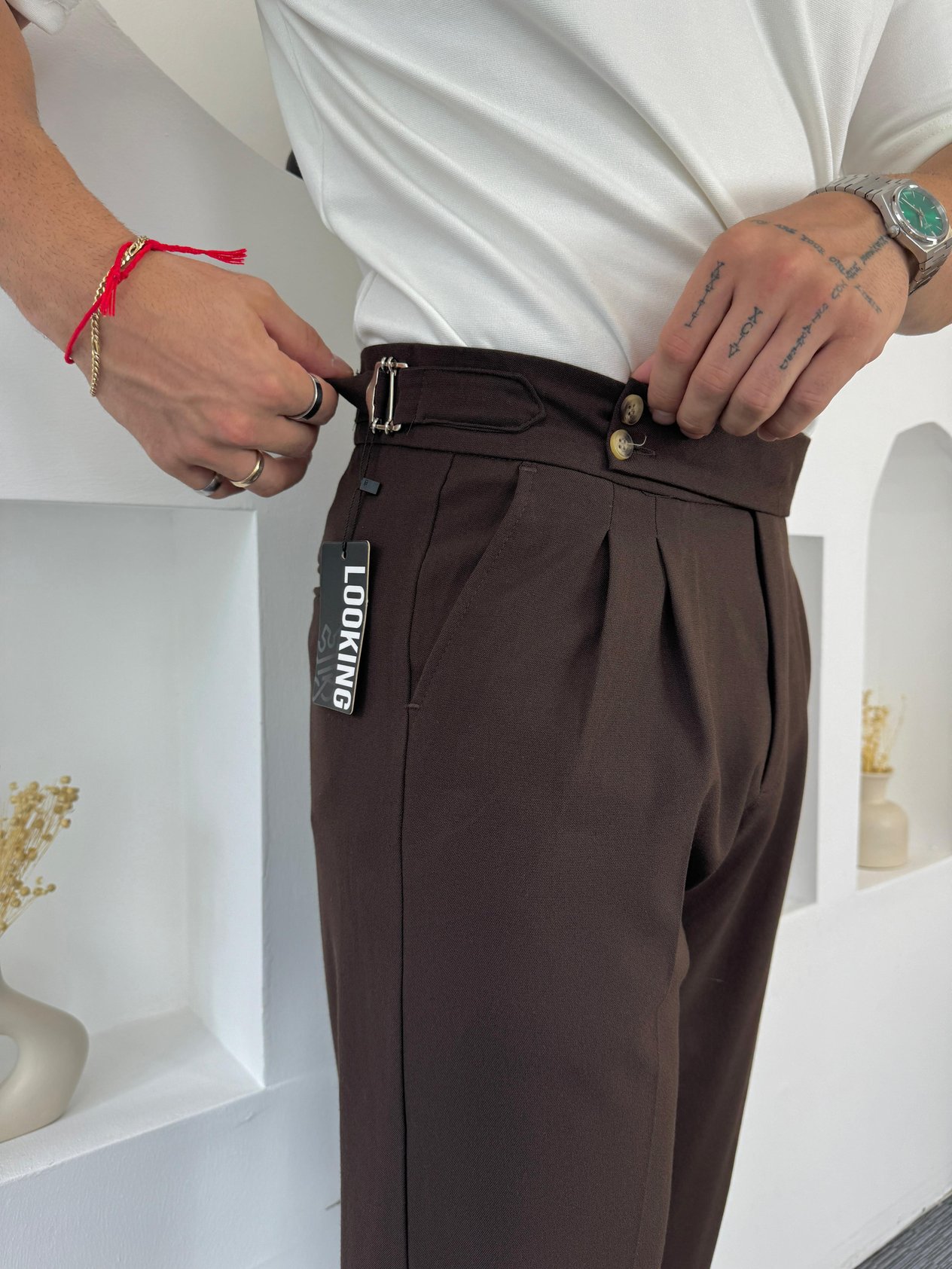 Acı Kahve Yan Kemerli Baggy Kumaş Pantolon