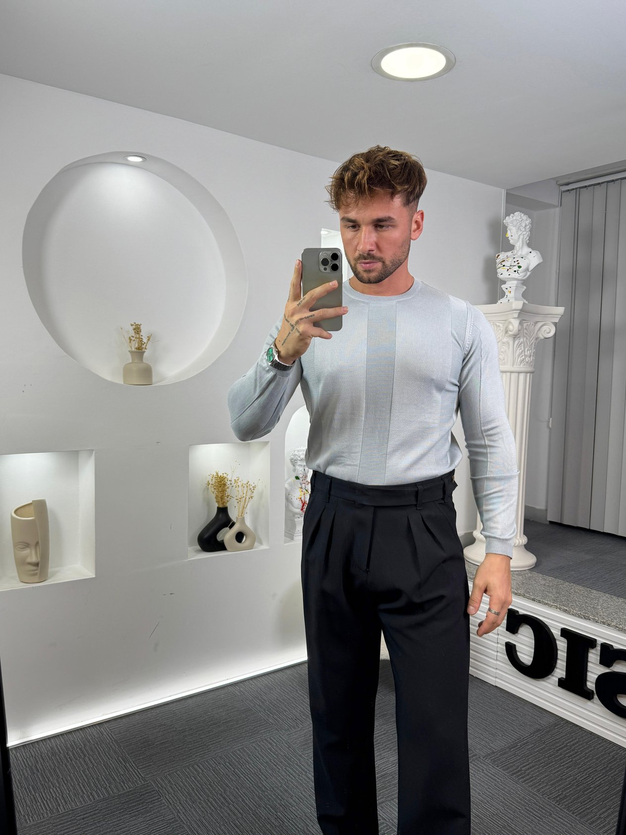 Gri Kalın Şerit Slim Fit Uzun Kol Triko