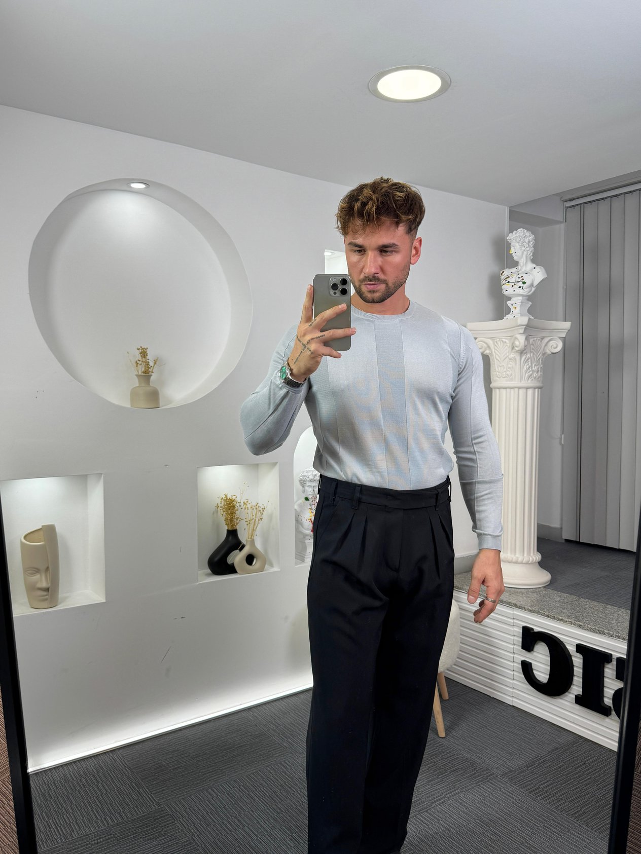 Gri Kalın Şerit Slim Fit Uzun Kol Triko
