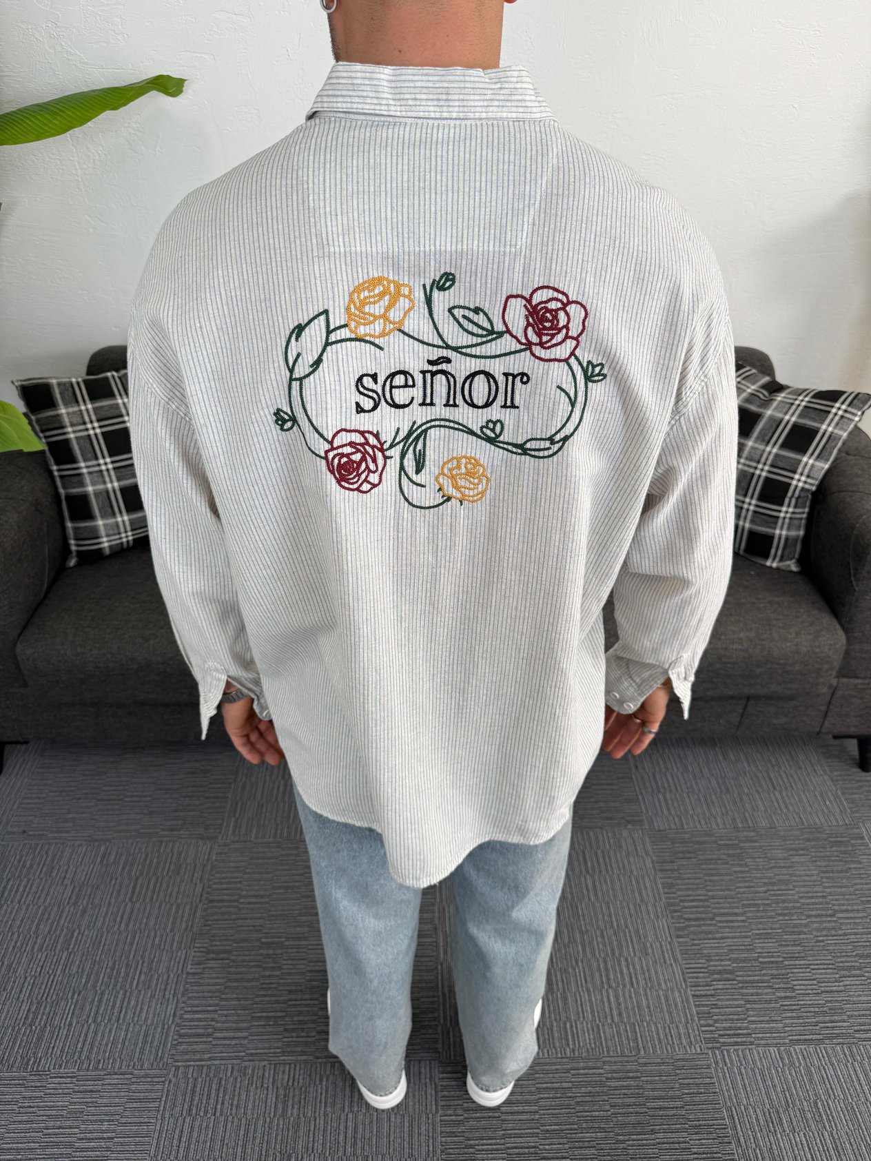 Senor Sırt Nakışlı Oversize Gömlek Mavi