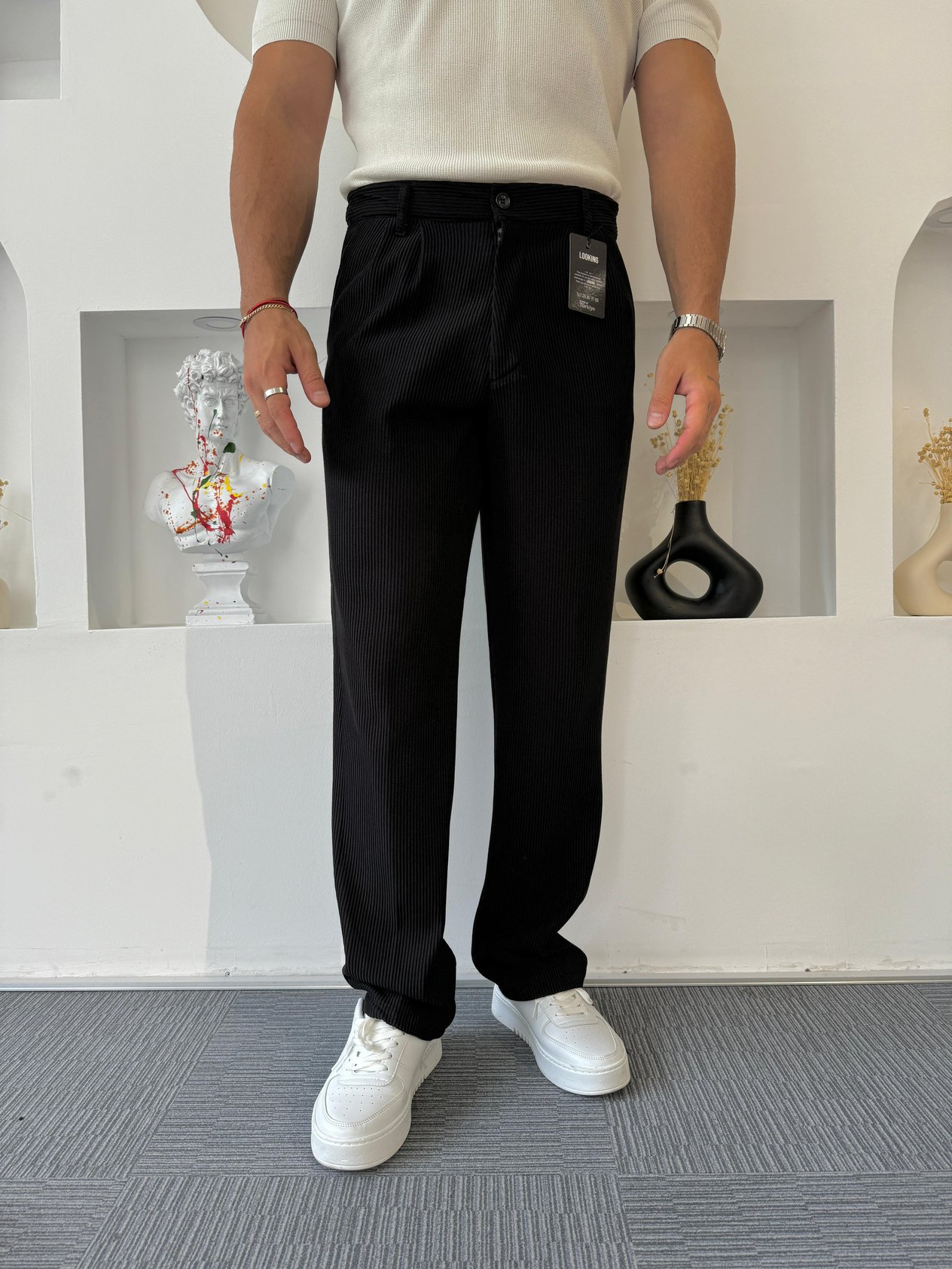 Siyah Fitilli Pileli Baggy Pantolon