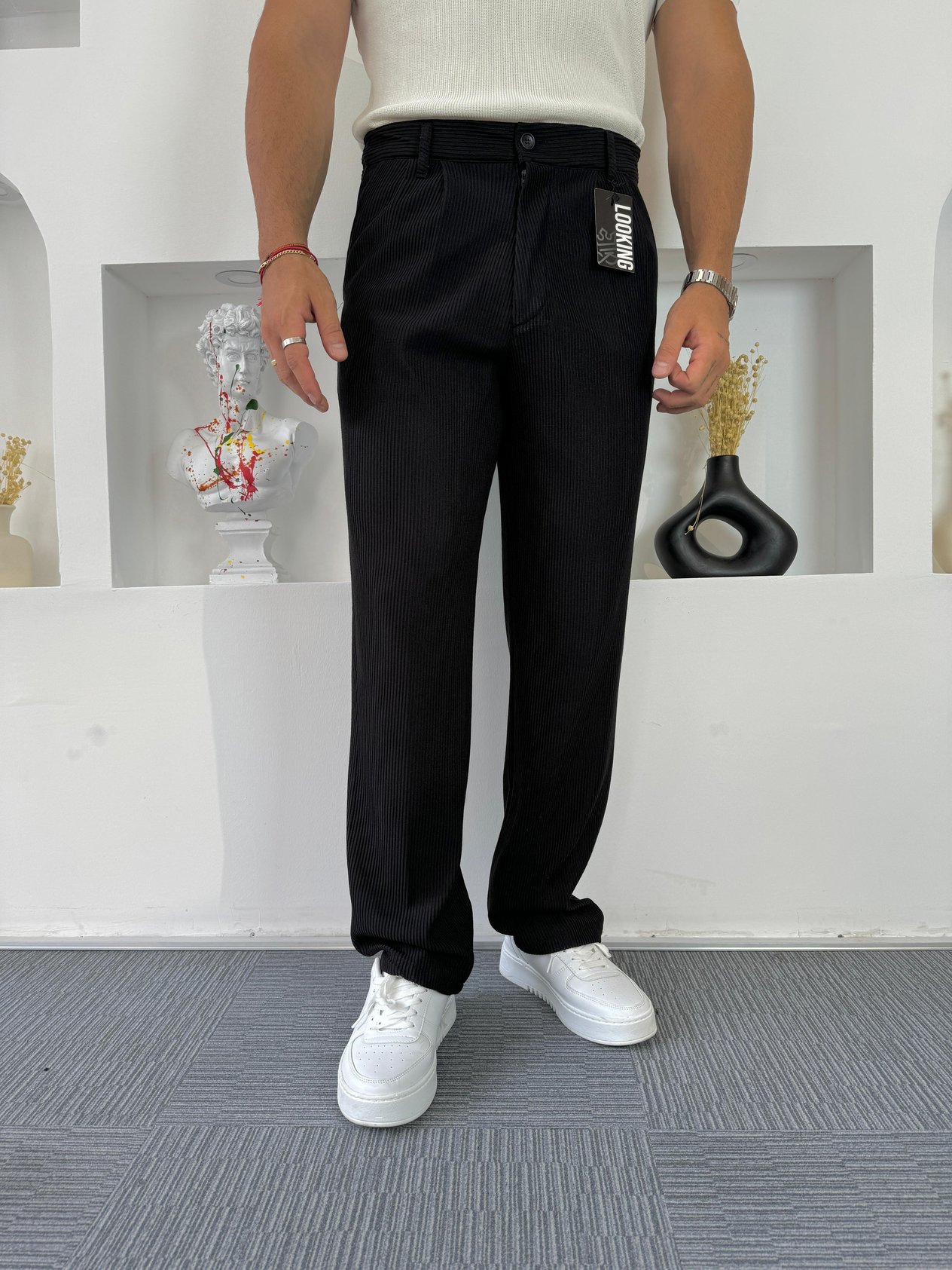 Siyah Fitilli Pileli Baggy Pantolon