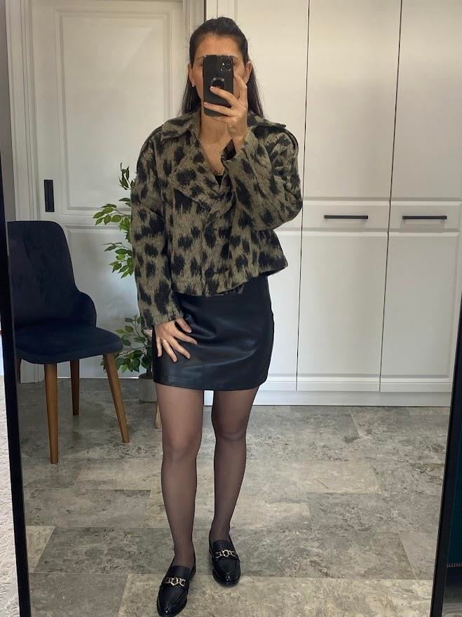Haki , Yakalı Leopar Desenli Ceket