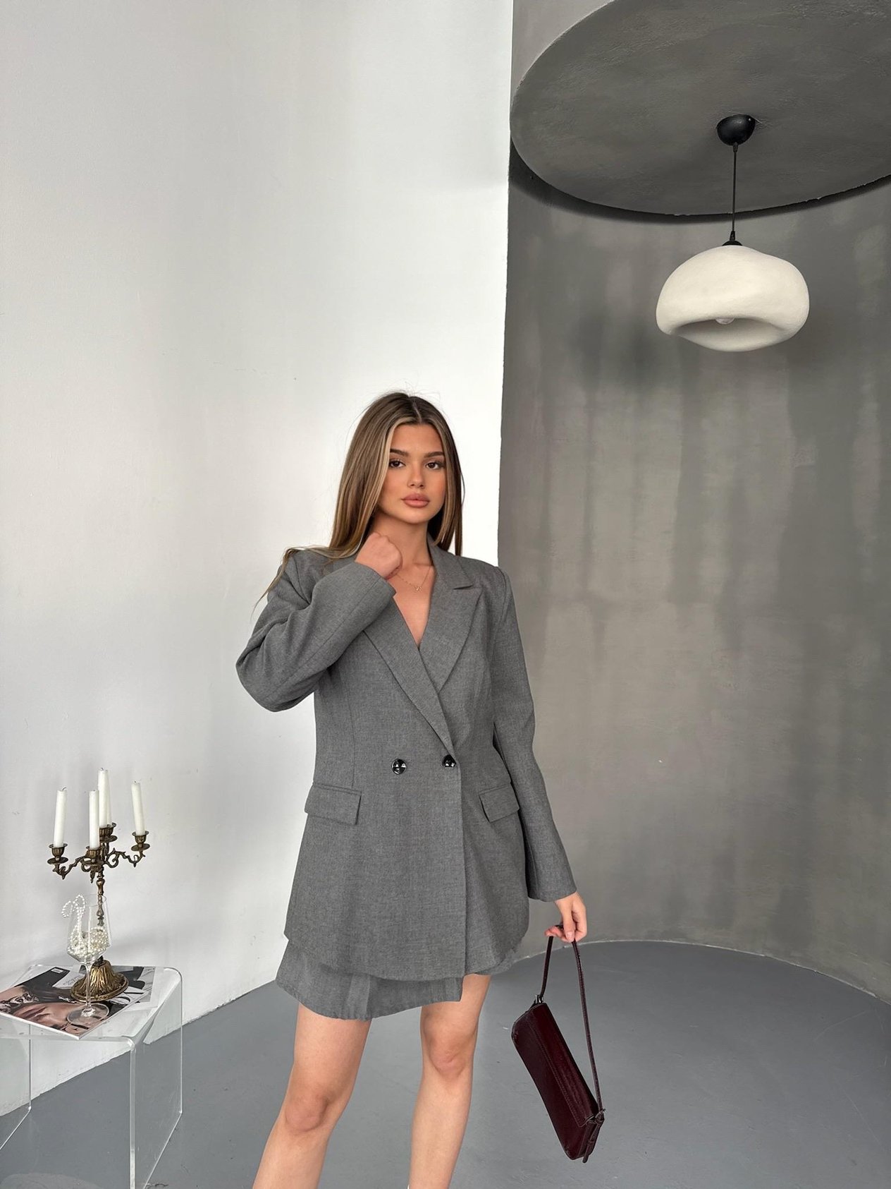 Çift Düğme Oversize Blazer Ceket-Füme