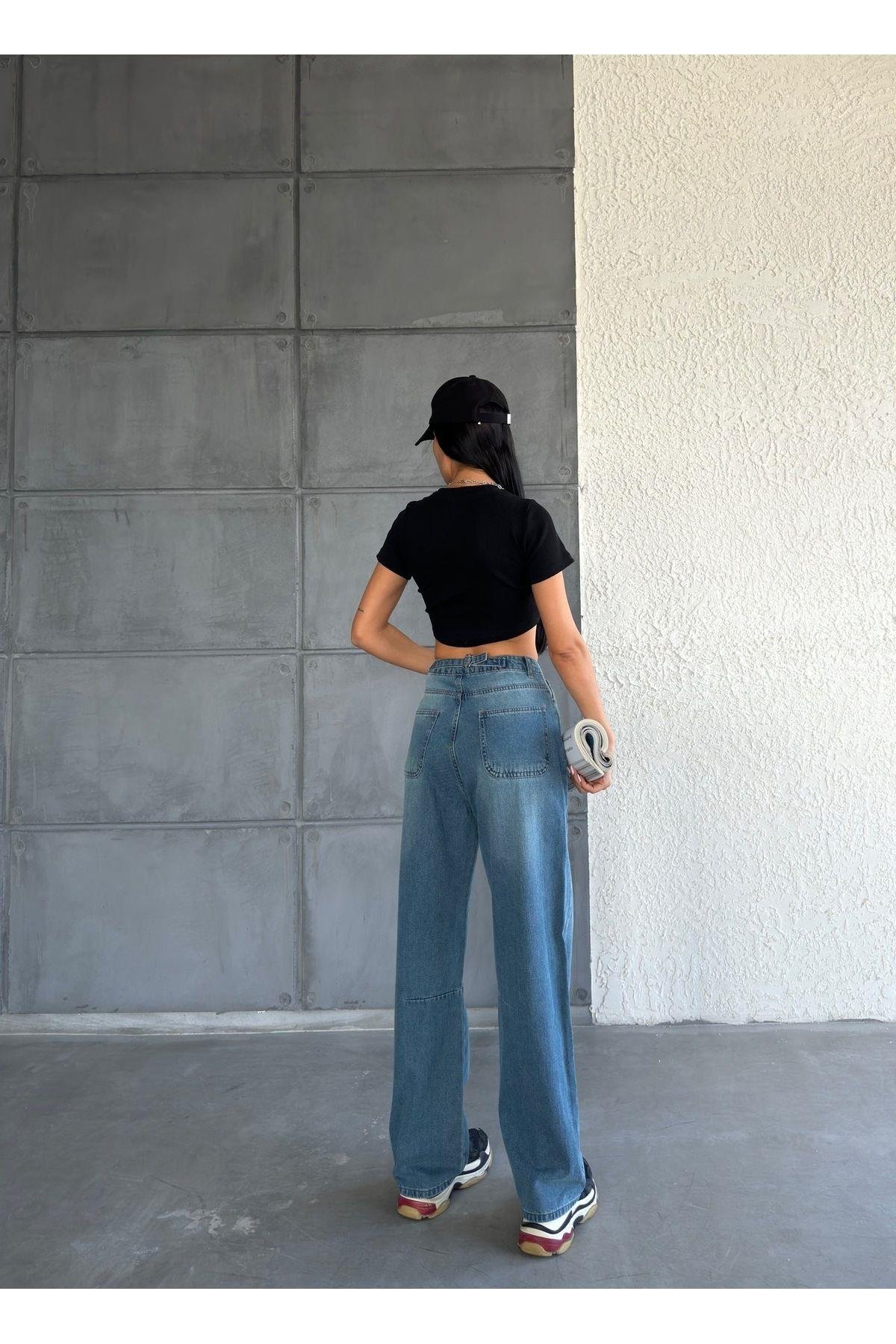 Baggy Beli Tokalı Uzun Kadın Kot Pantolon