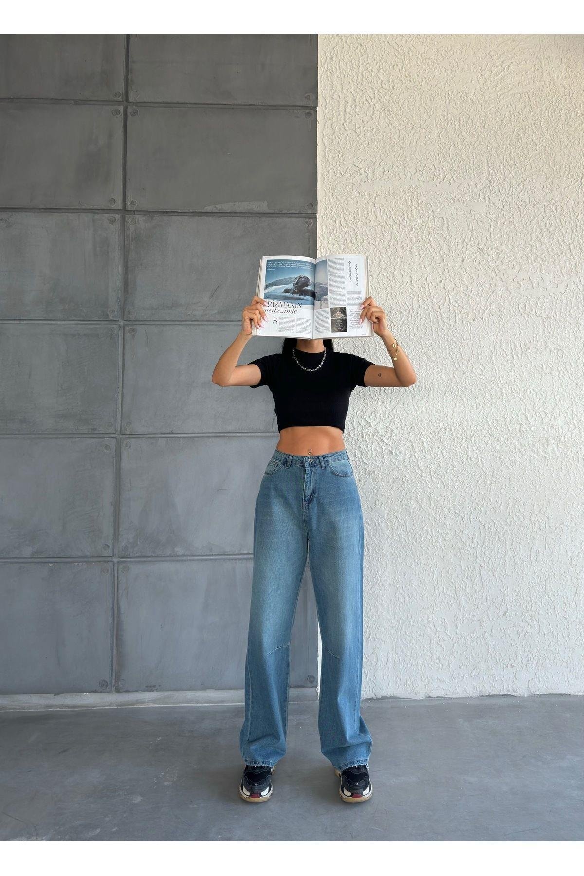 Baggy Beli Tokalı Uzun Kadın Kot Pantolon