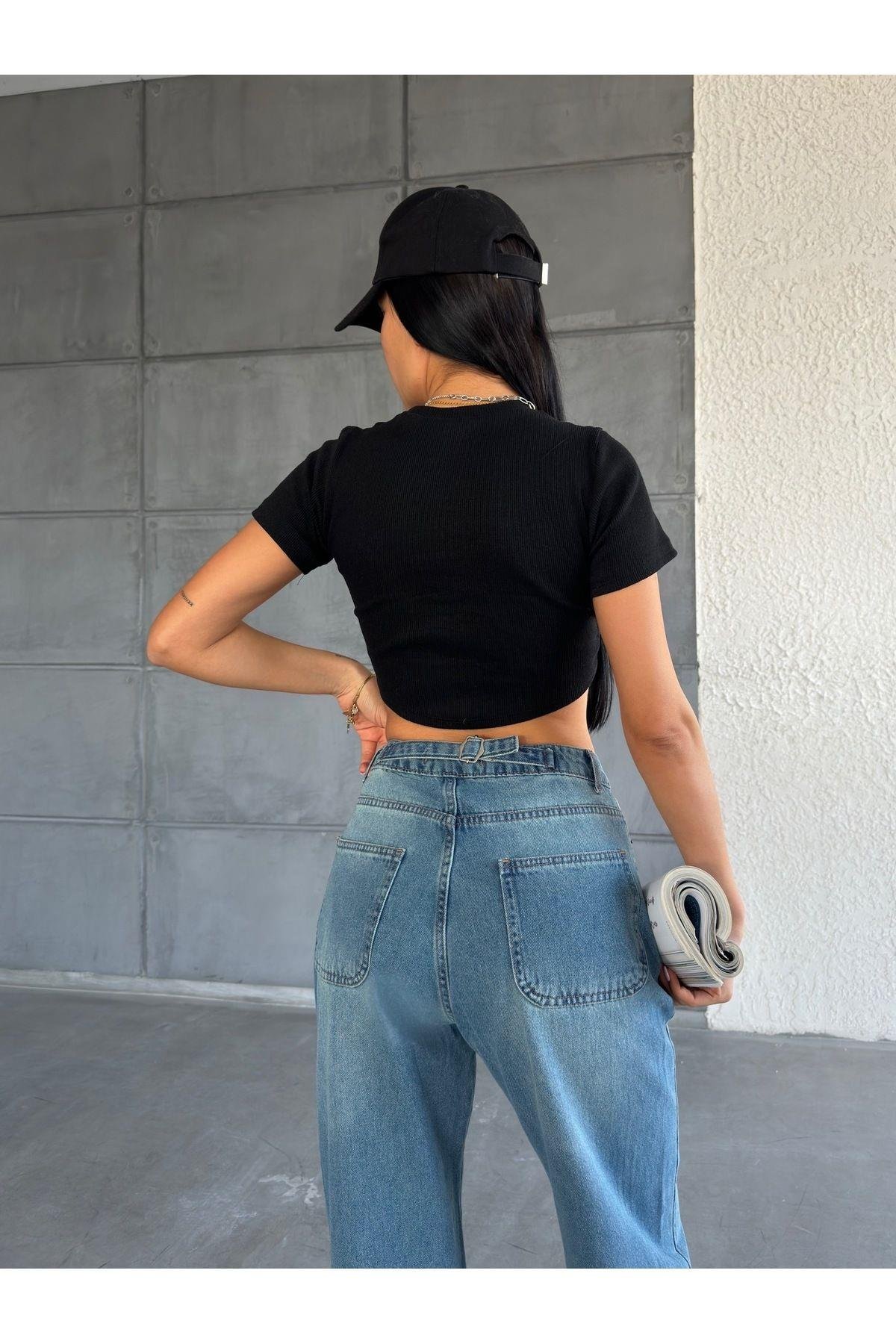 Baggy Beli Tokalı Uzun Kadın Kot Pantolon
