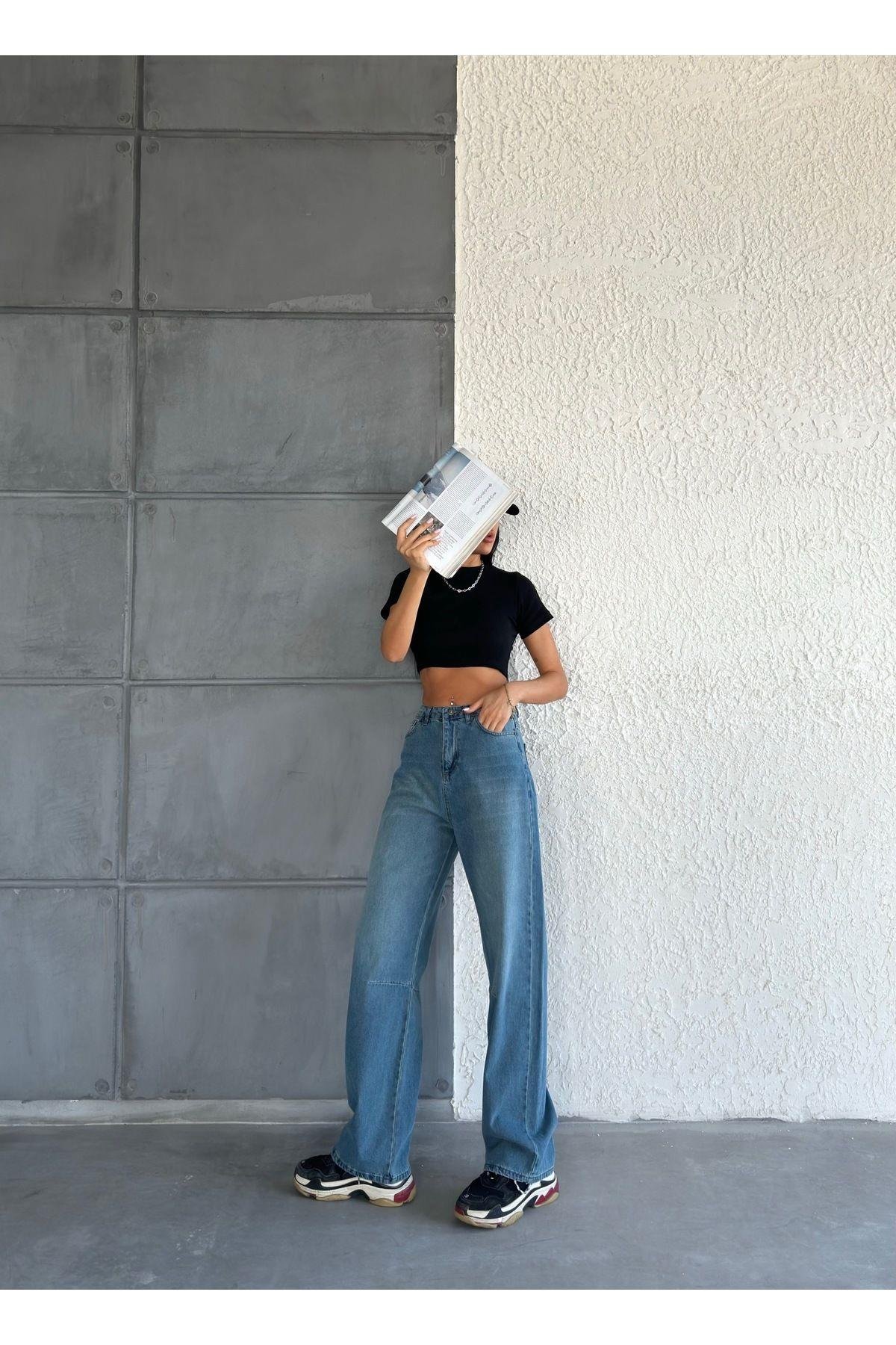 Baggy Beli Tokalı Uzun Kadın Kot Pantolon