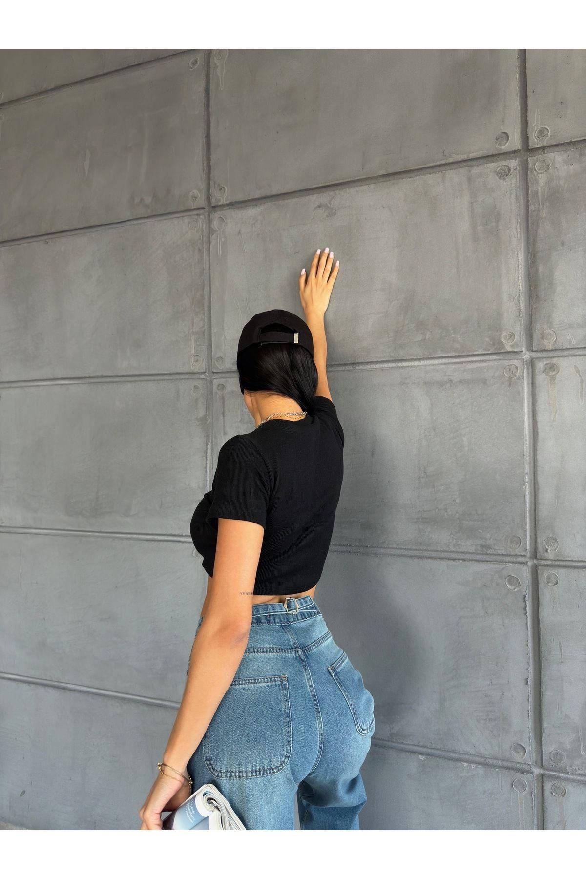 Baggy Beli Tokalı Uzun Kadın Kot Pantolon