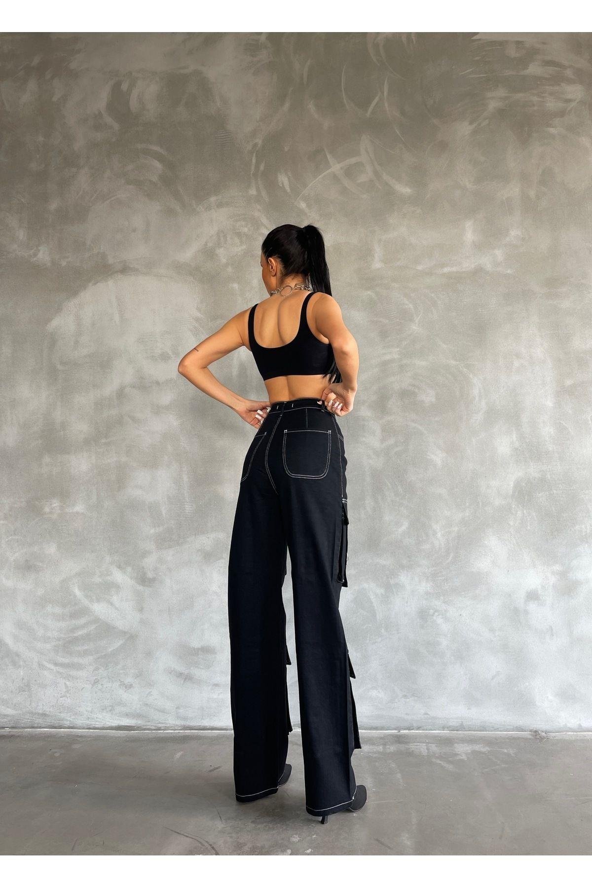 Uzun Salaş Kargo Tokalı Model Kadın Kot Pantolon