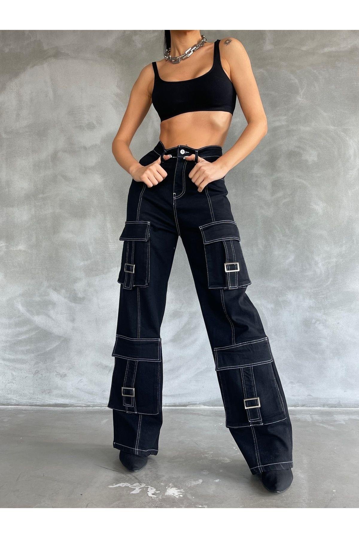 Uzun Salaş Kargo Tokalı Model Kadın Kot Pantolon