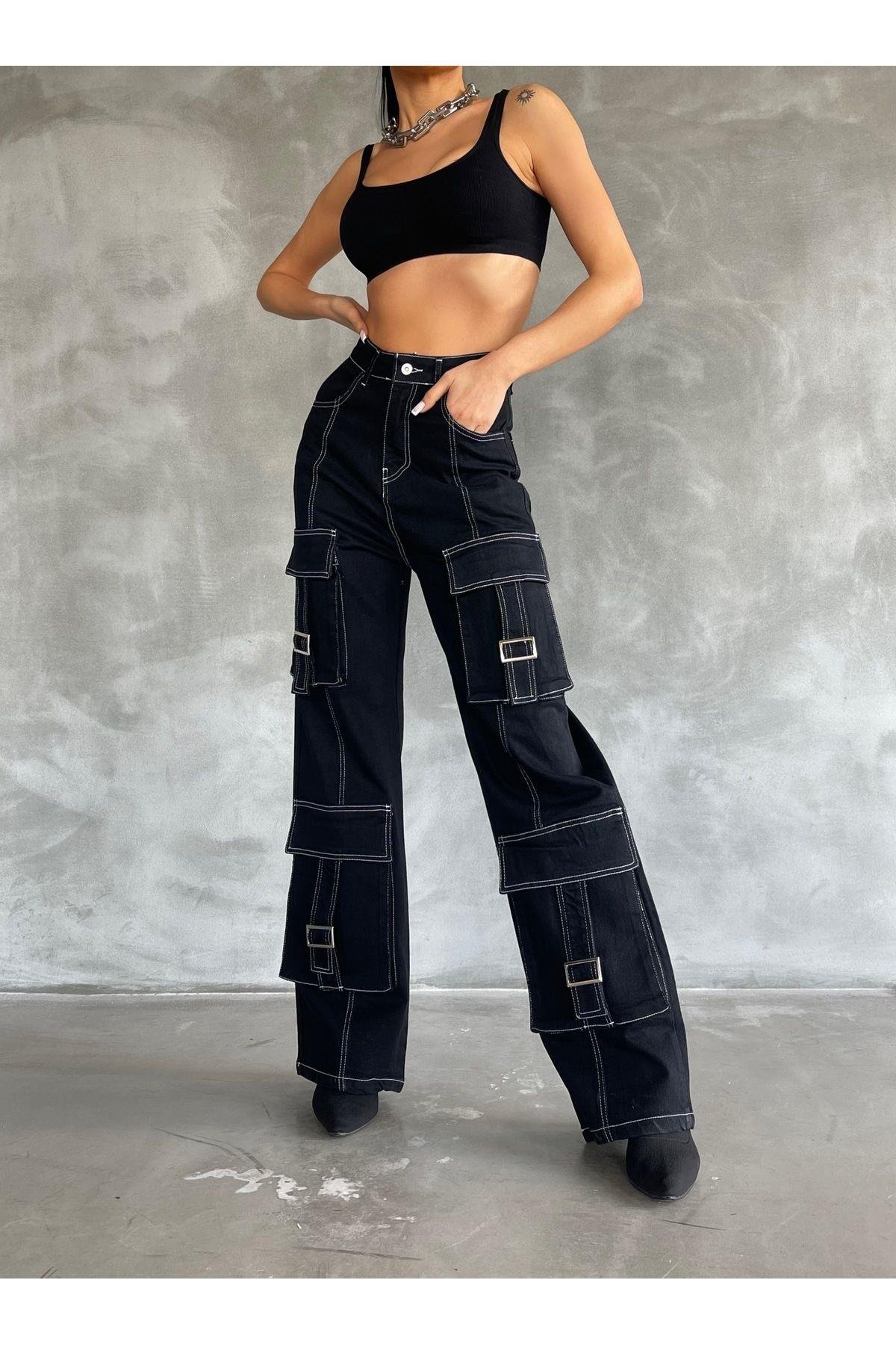 Uzun Salaş Kargo Tokalı Model Kadın Kot Pantolon