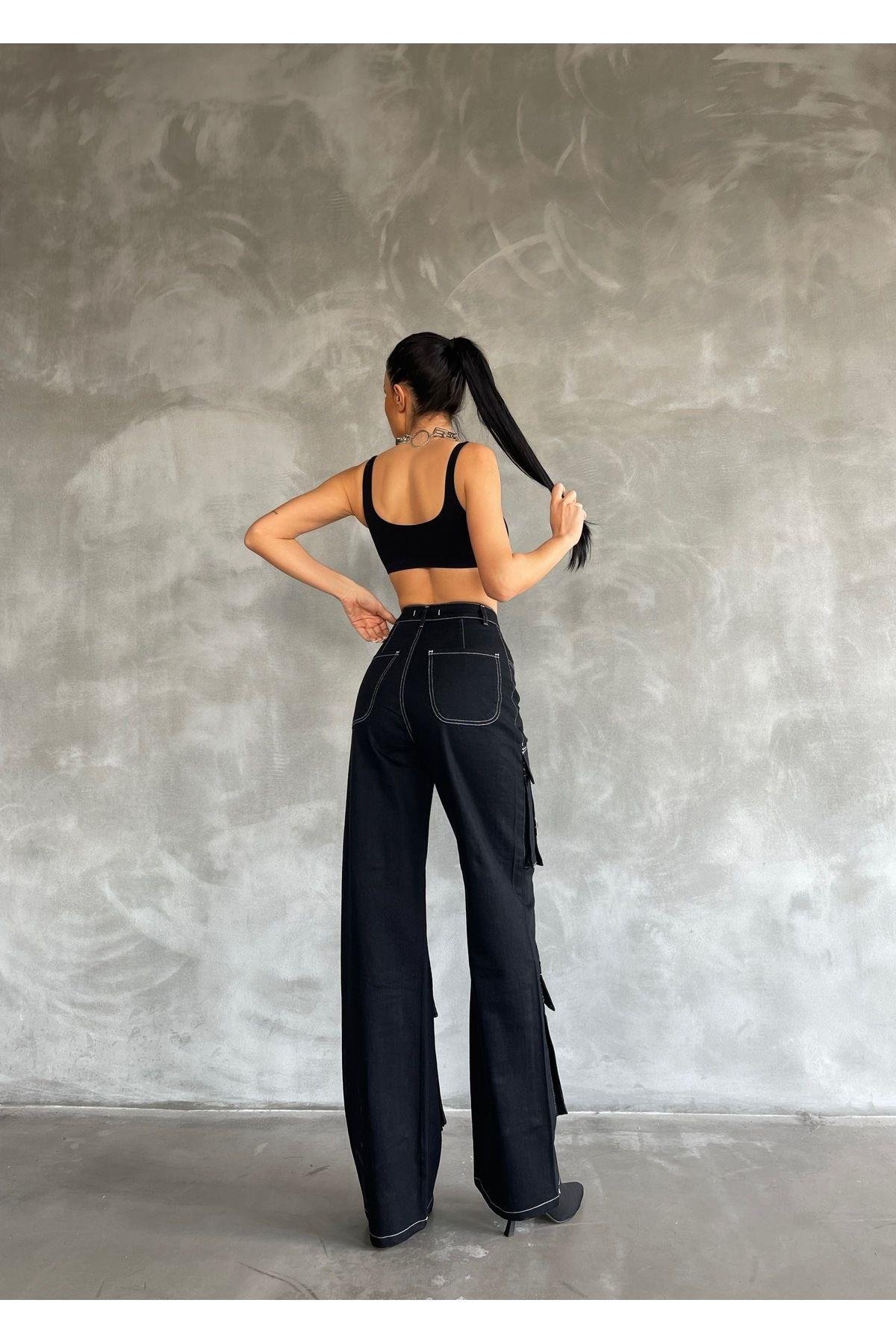 Uzun Salaş Kargo Tokalı Model Kadın Kot Pantolon