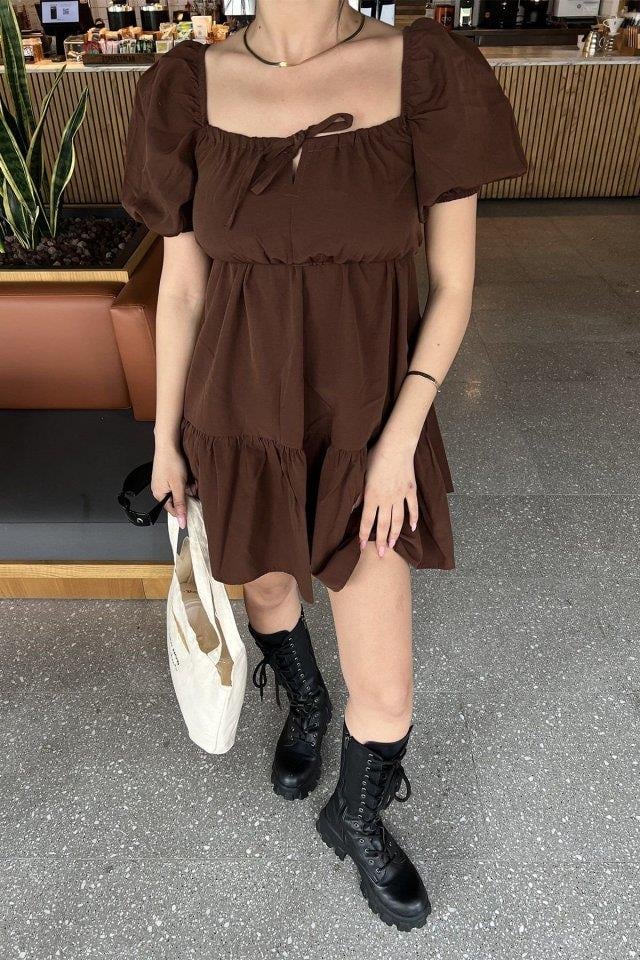 2351 Kloş Poplin Elbise - Kahverengi
