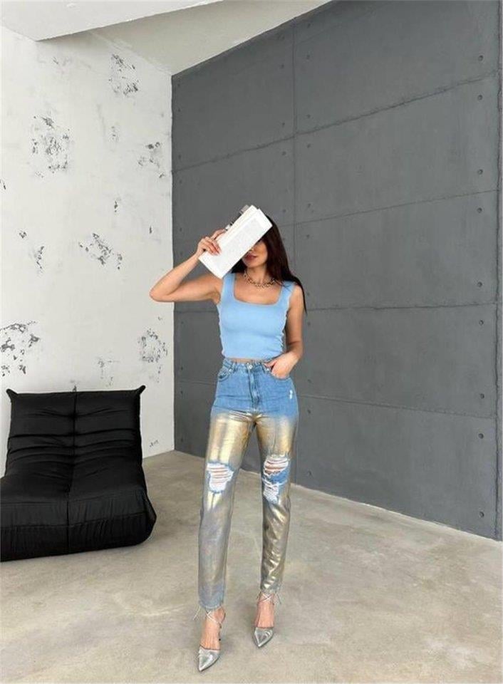 DİZ YIRTIK VARAKLI MOM KOT PANTOLON - Gold