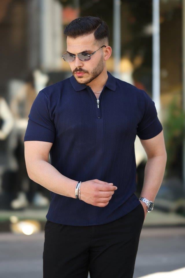 Erkek Yakası Fermuarlı Kısa Kollu T-shirt
