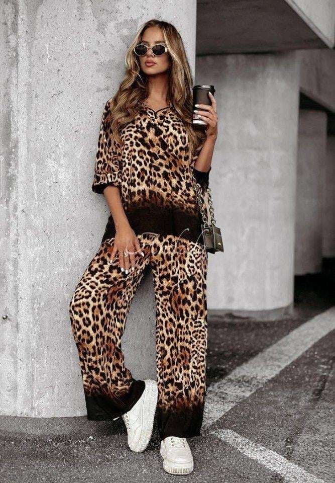 Kadın Dalgıç Kumaş Leopar Desenli Fermuar Detaylı Ikili Tamım