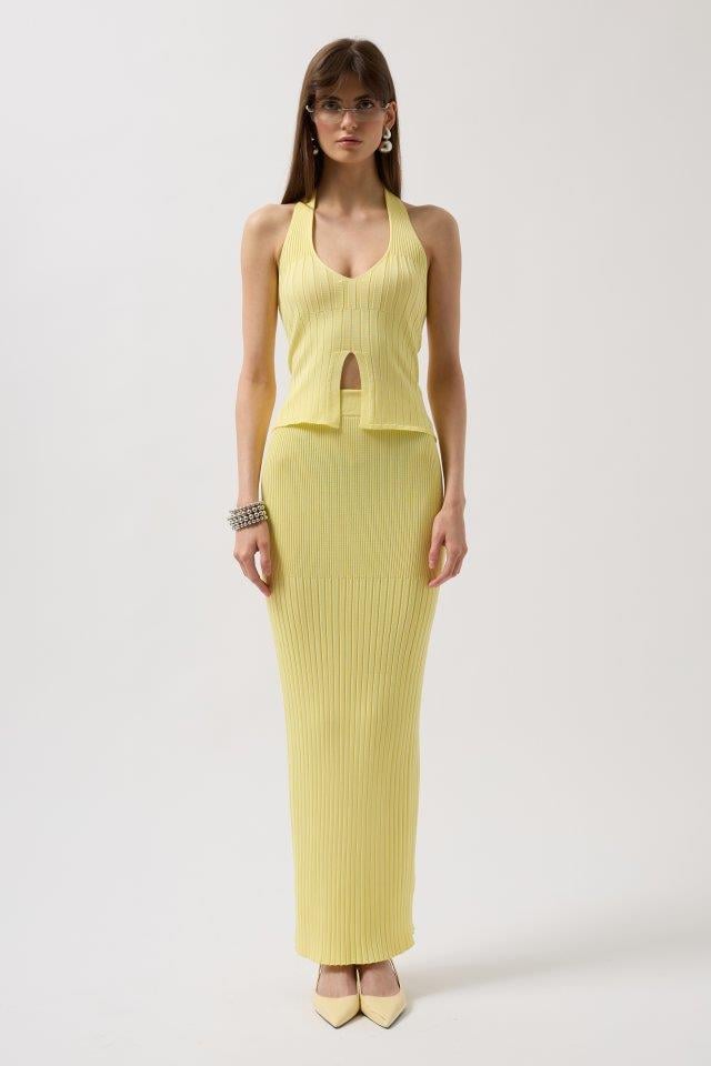 V Detay Dokulu Crop Bluz