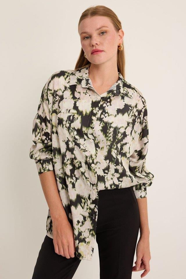 Yeşil Siyah Çiçek Desenli Oversize Saten Gömlek 3985
