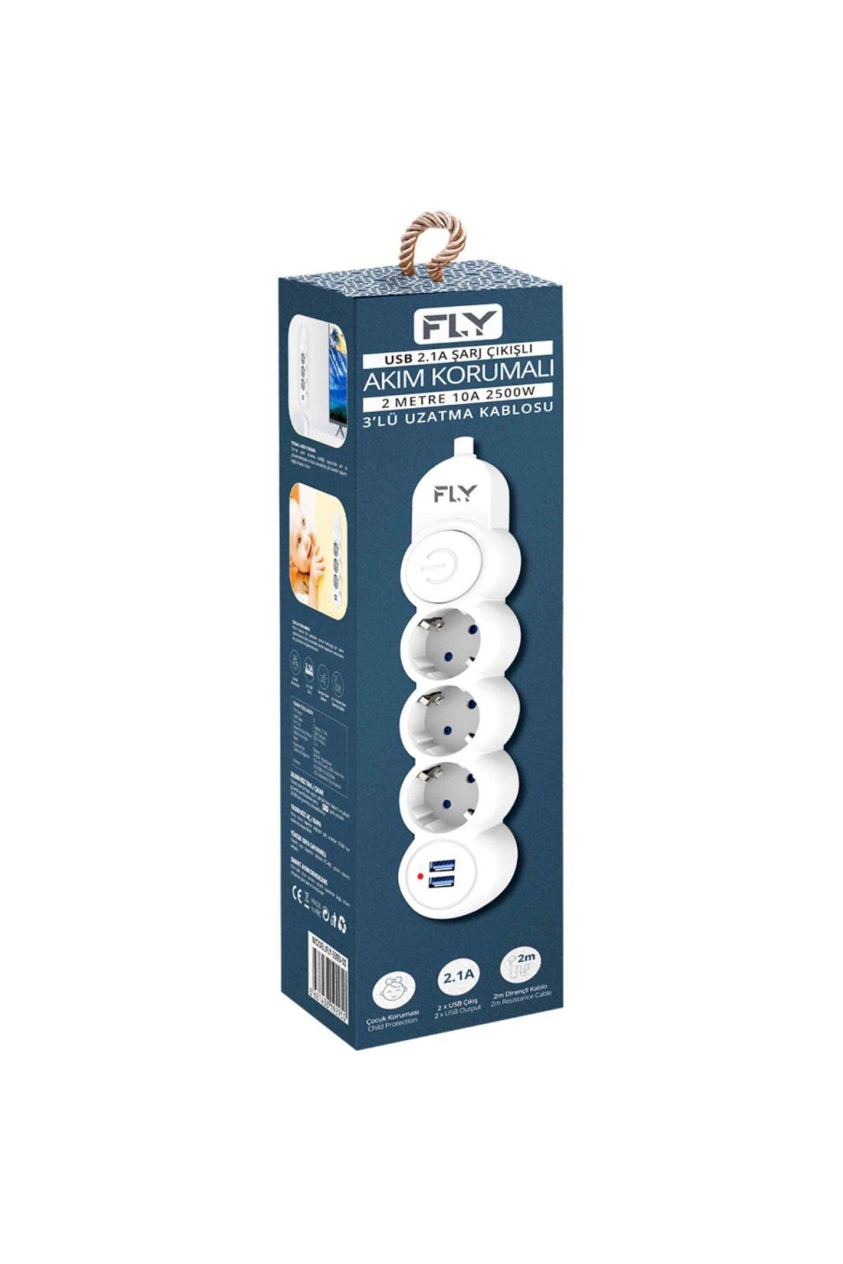 FLY 3393-01, 3 Soket, 2 USB, Akım Korumalı Priz, 2.1A, Anahtarlı, 2Mt Kablo, (Beyaz)
