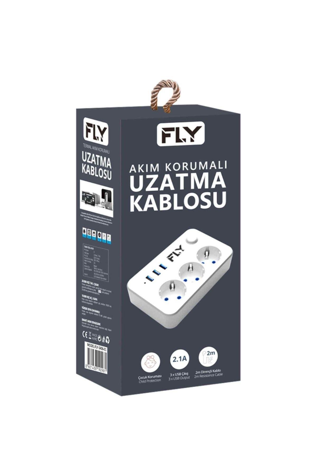 FLY 3406-01, 3 Soket, 3 USB, Akım Korumalı Priz, 2.1A, Anahtarlı, 2Mt Kablo, (Beyaz)