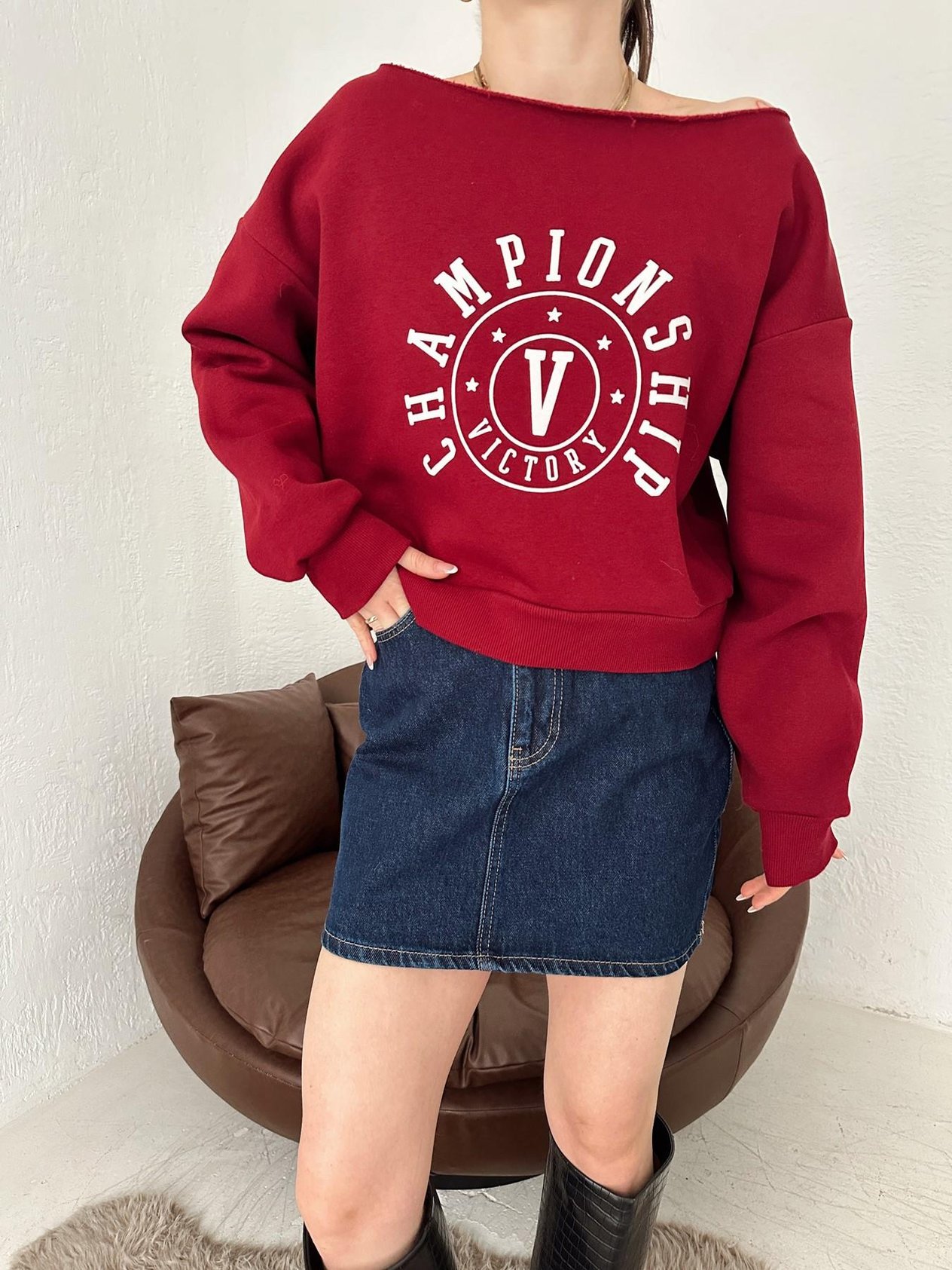 Championship Baskılı Crop Sweatshirt Bordo