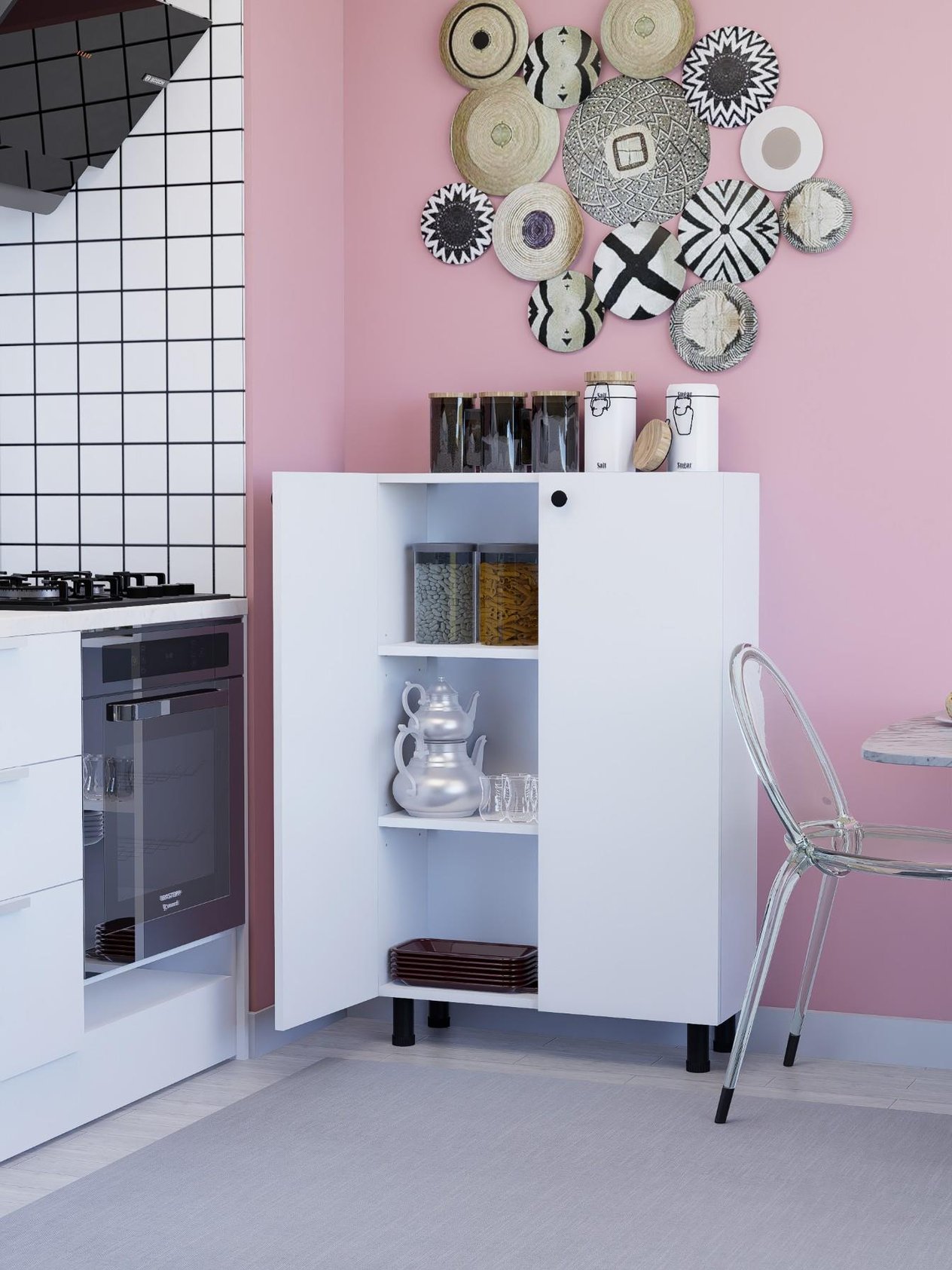 %100 MDF Ayarlanabilir Raflı Metal Ayaklı Beyaz Kiler Dolabı, 2 Kapaklı Çok Amaçlı Dolap, Mutfak Dolabı, Banyo Dolabı (BD08)