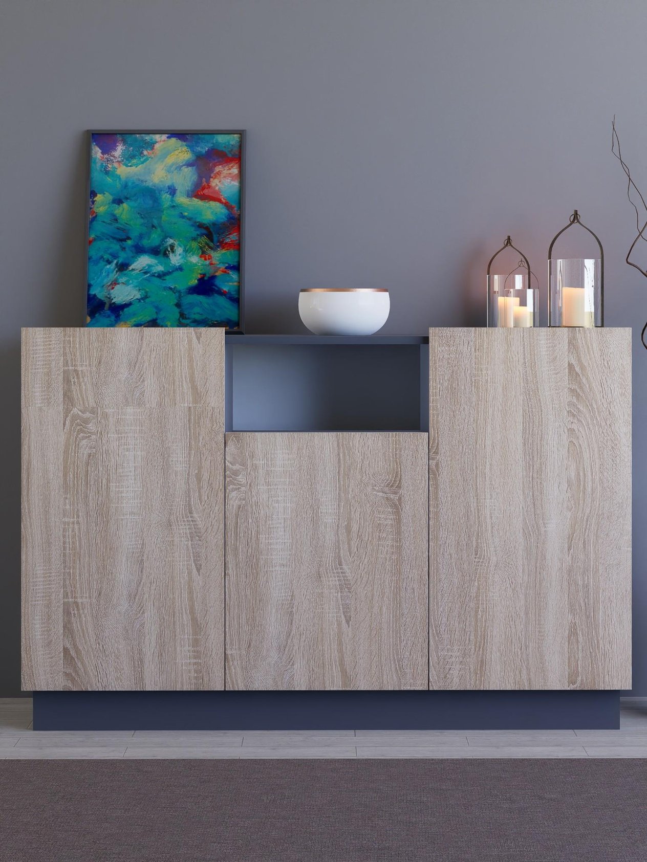 Lora Konsol, %100 MDF, 140cm Beyaz/Sonoma & Karbon Gri/Sonoma