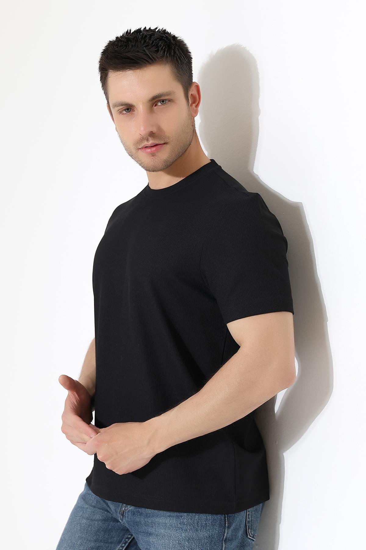 Erkek Fitilli Slim Fit Bisiklet Yaka Düz Renk T-Shirt 