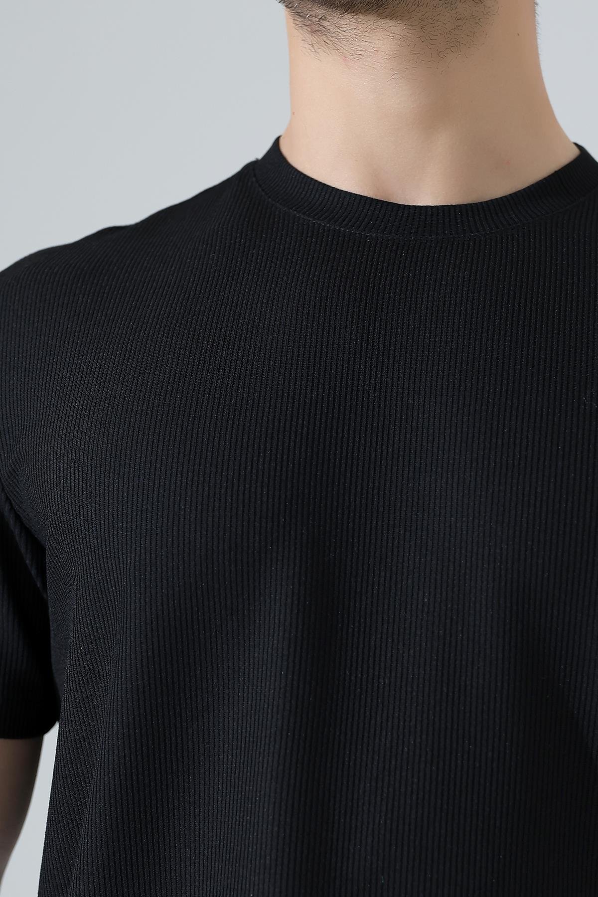 Erkek Fitilli Slim Fit Bisiklet Yaka Düz Renk T-Shirt 