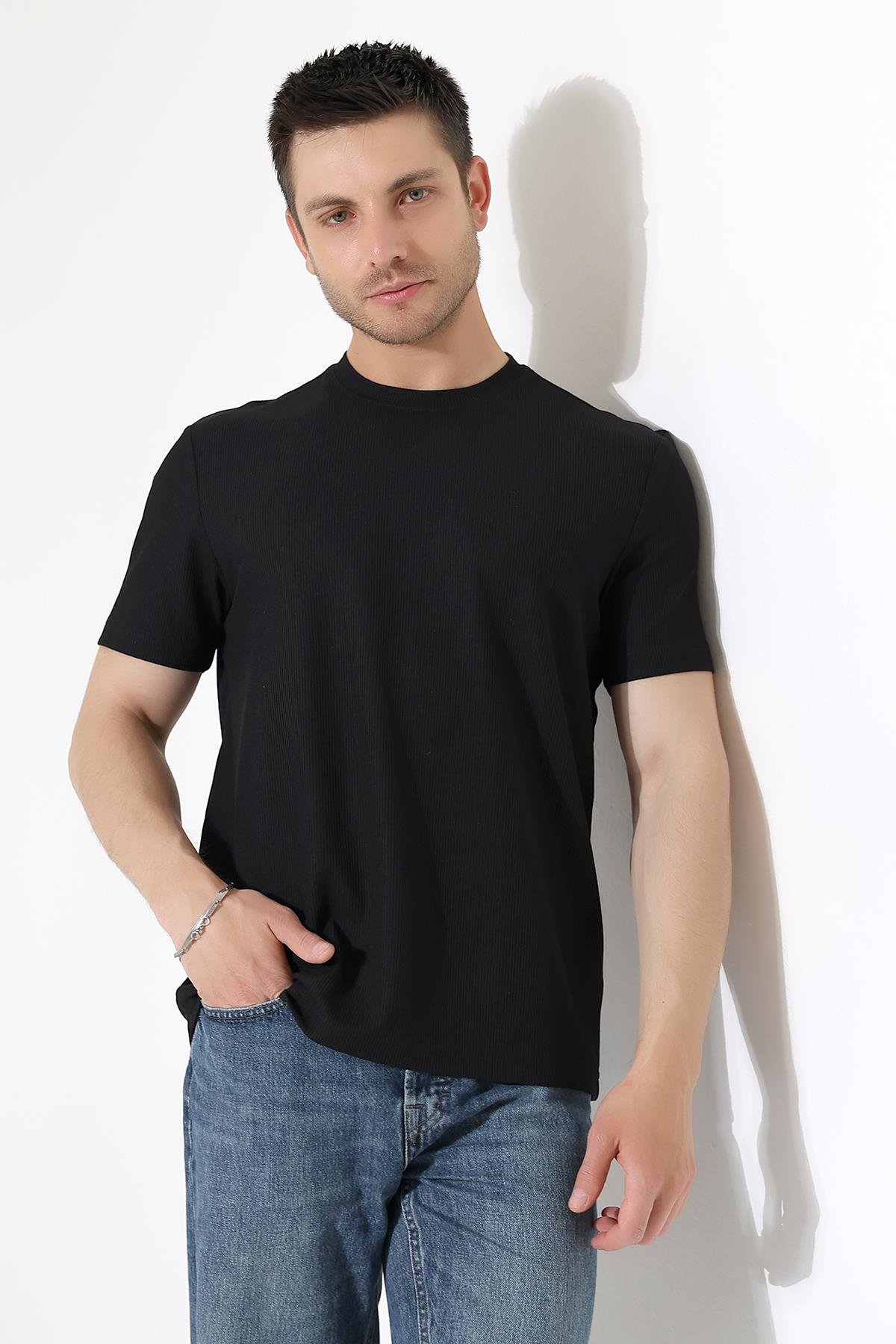 Erkek Fitilli Slim Fit Bisiklet Yaka Düz Renk T-Shirt 