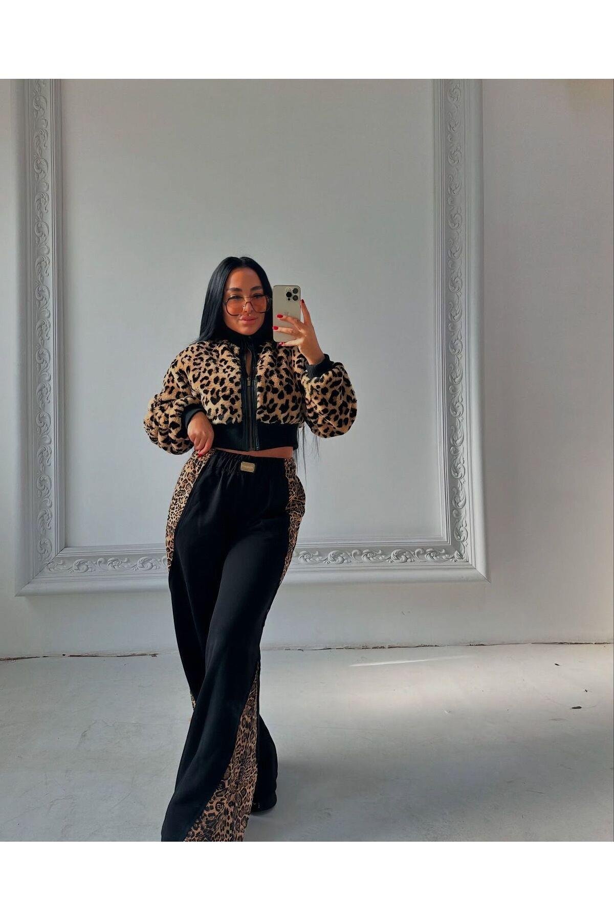 Leopar Desenli Astarlı, Önü Fermuarlı , Hakim Yaka Kısa Crop Mont