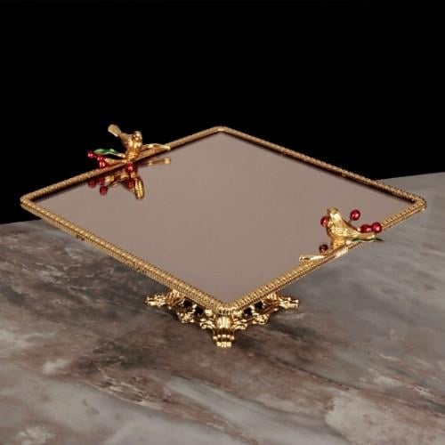 Bird Square Mirrored Footed Tray Large Size - Gold