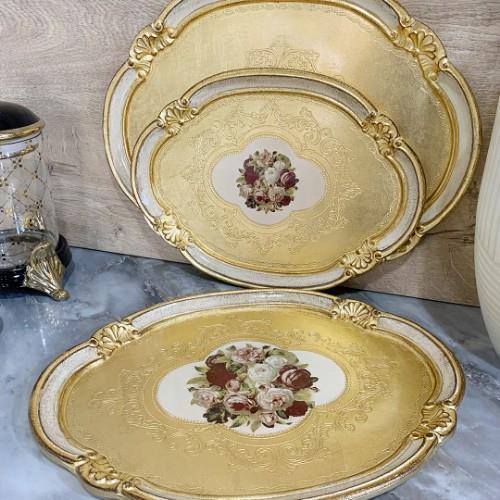 Italian Rosewood Ivory 3 Piece Oval Tray Set