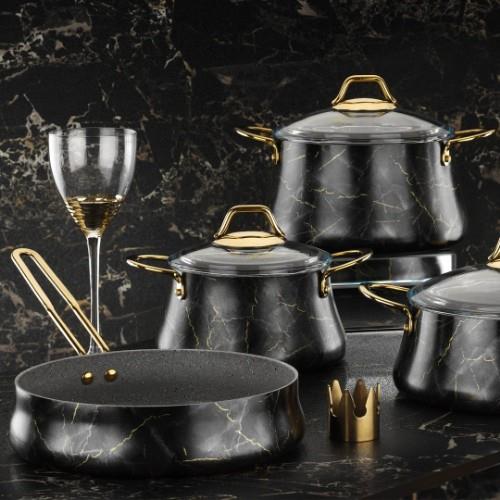 Marble 7 Piece Marble Pots and Pans Set - Black