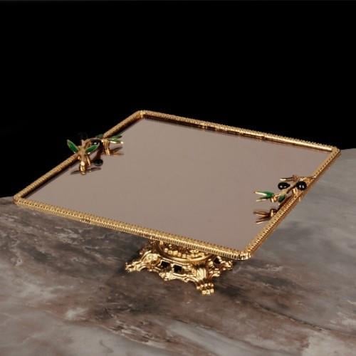 Peace Kare Aynalı Ayaklı Tepsi Büyük Boy - Gold