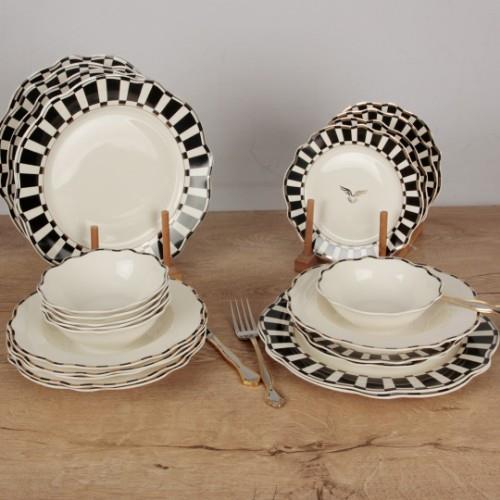 Royking Black Time 24 Piece Porcelain Dinner Set for 6 People