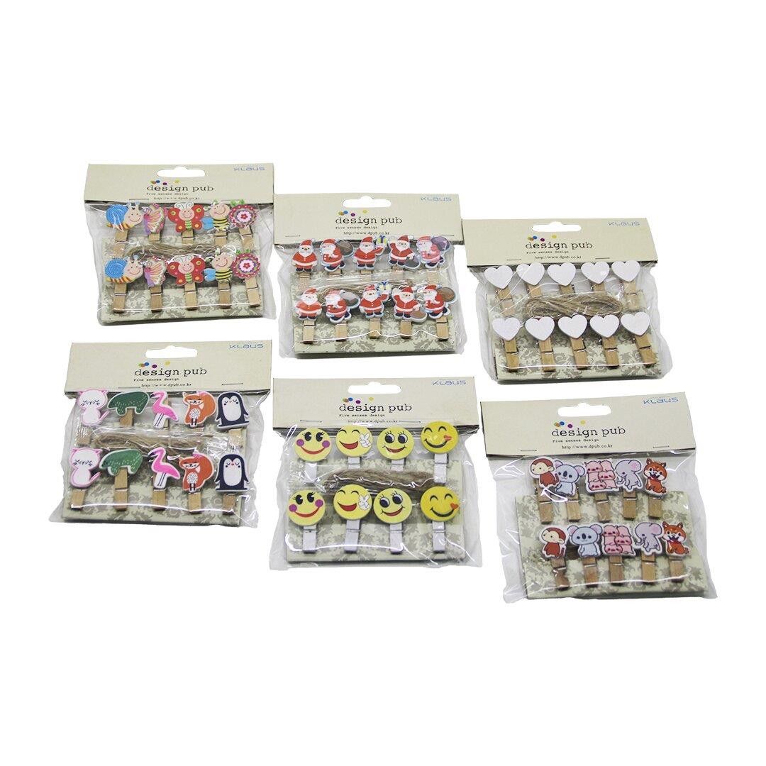 10PCS AHŞAP MİNİ SUNUM MANDALI MİX - FİGÜRLÜ= KALP - HAYVAN - NOEL BABA - (5110)