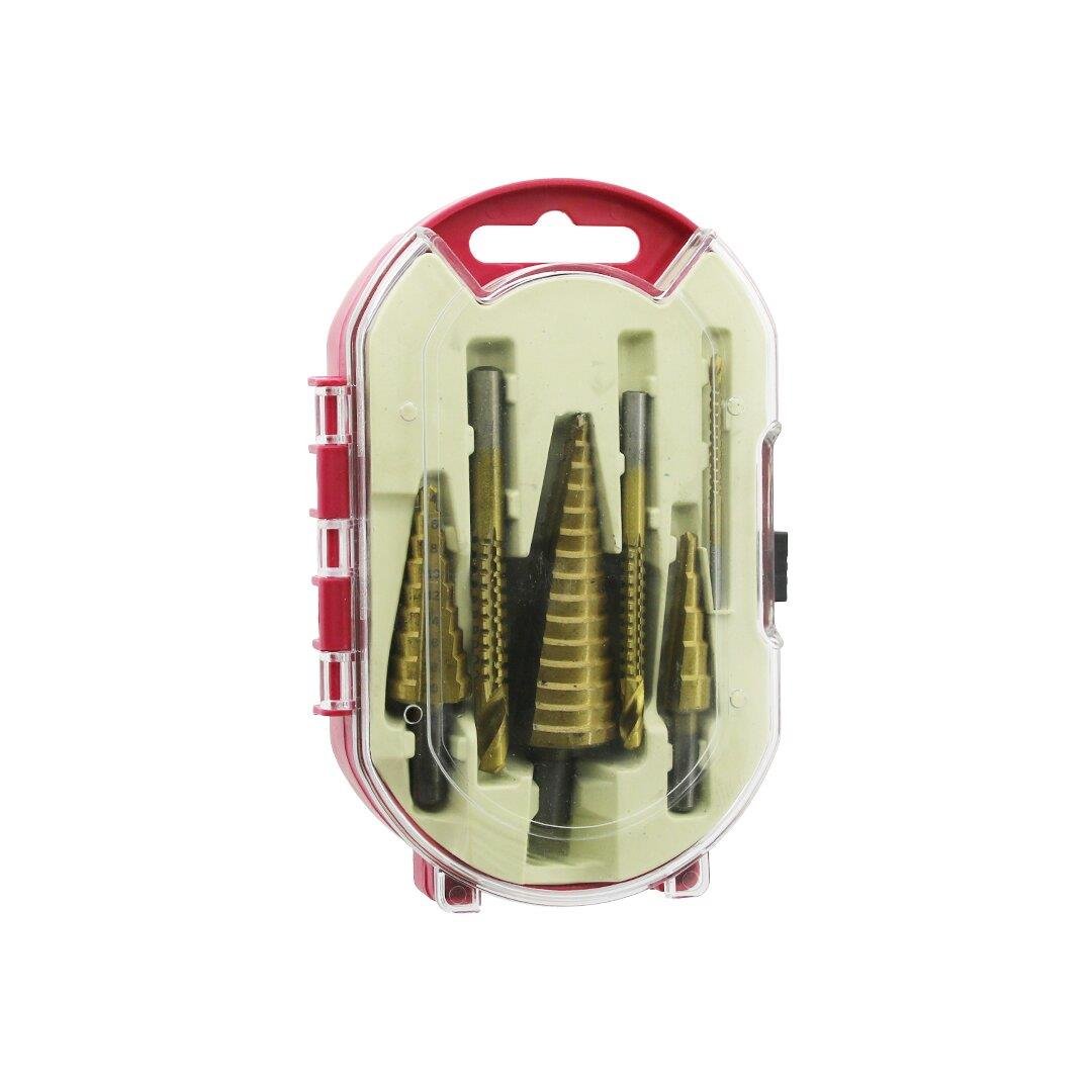 6PCS  KADEMELİ MATKAP UCU SETİ HSS ADIM - DÜZ OLUK - KONİK DELİCİ KIRMIZI PLS.AYAKLI KUTU - ŞEFFAF KAPAK (5110)