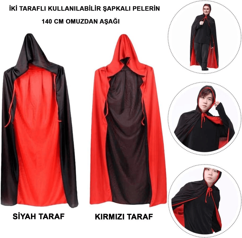 BFS   Çift Taraflı Kullanılabilir Siyah Kırmızı Kapişonlu Pelerin 140 cm Yetişkin