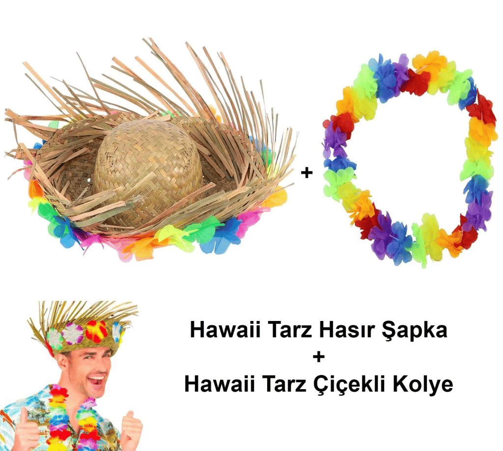 BFS   Hawaii Tarzı Tropikal Çiçekli Hasır Şapka ve Çiçekli Hawaii Kolye