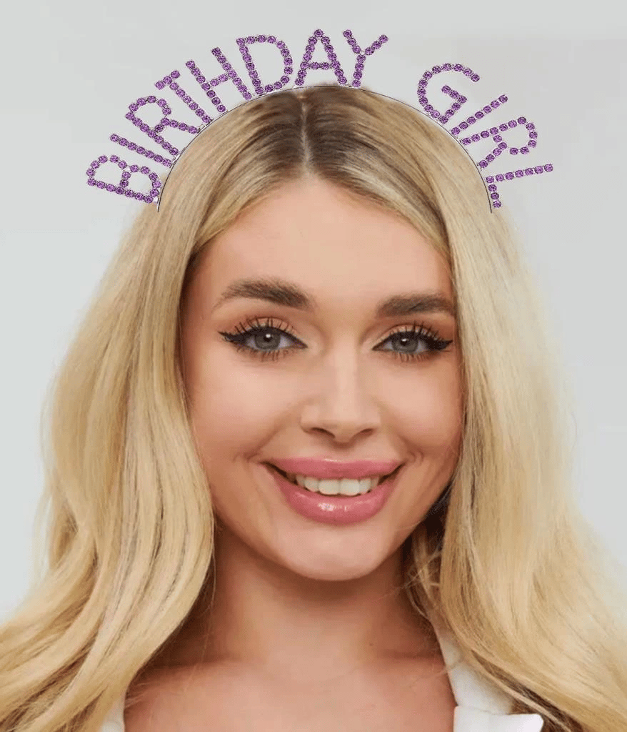 BFS   Mor Renk Kristal Taşlı Parlak Birthday Girl Yazılı Taç 16x17 cm