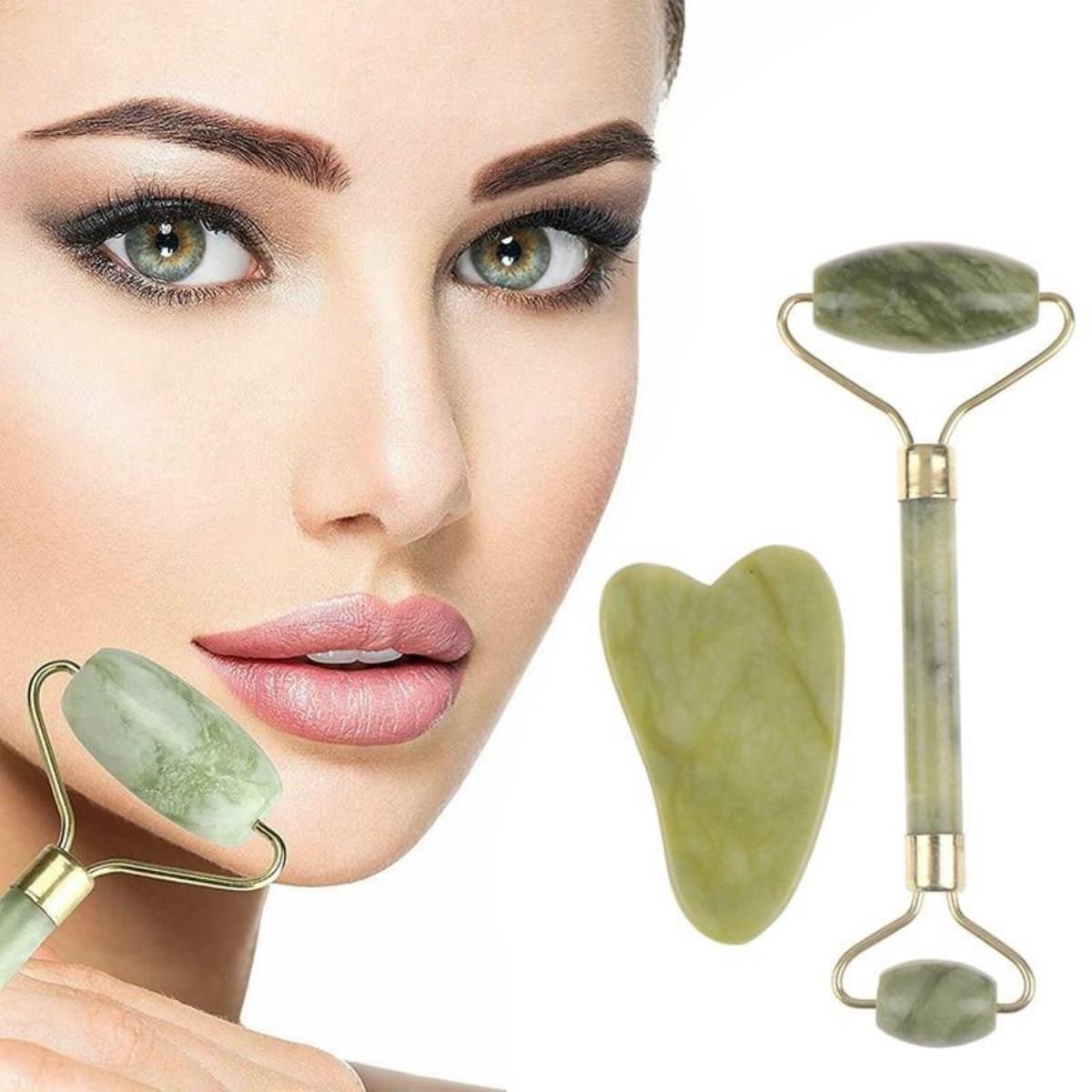 Çift Taraflı 2li Cilt Yüz Masaj Aleti Jade Roller Yeşim Taşı Seti (5110)