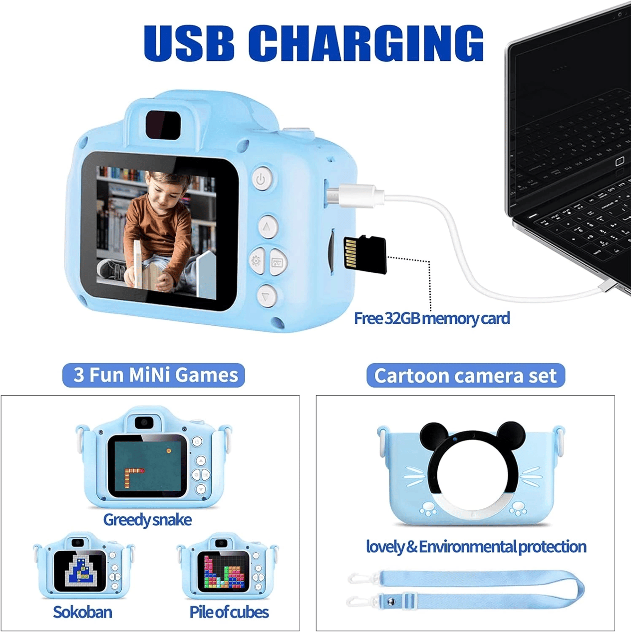 Çocuk Dijital Fotoğraf Makinası 20 Mp Video Kaydedici 2.0 İnç Çift Kameralı