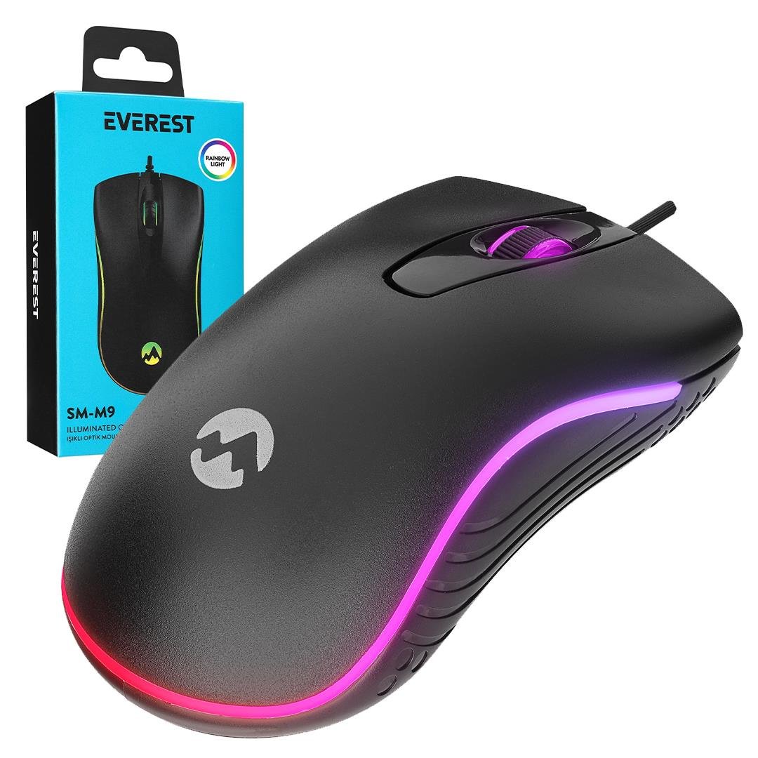EVEREST SM-M9 1000 DPI USB RGB RAİNBOW LEDLİ SİYAH 3D OPTİK LED MOUSE (5110)