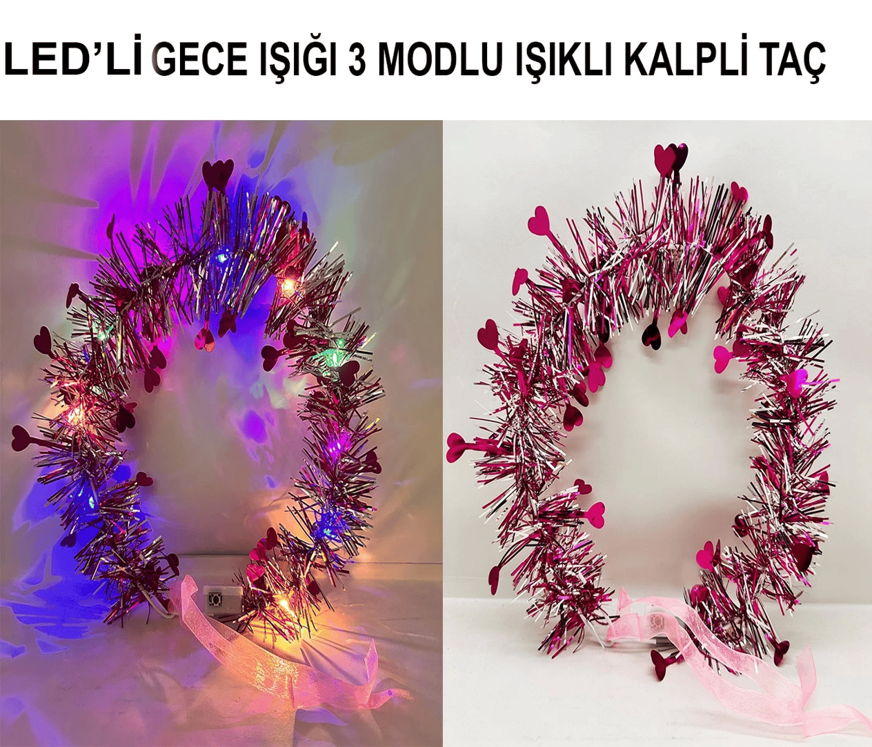 Kalp Püsküllü Gece Parıltısı 3 Modlu Led39li Işıklı Taç Fuşya Renk