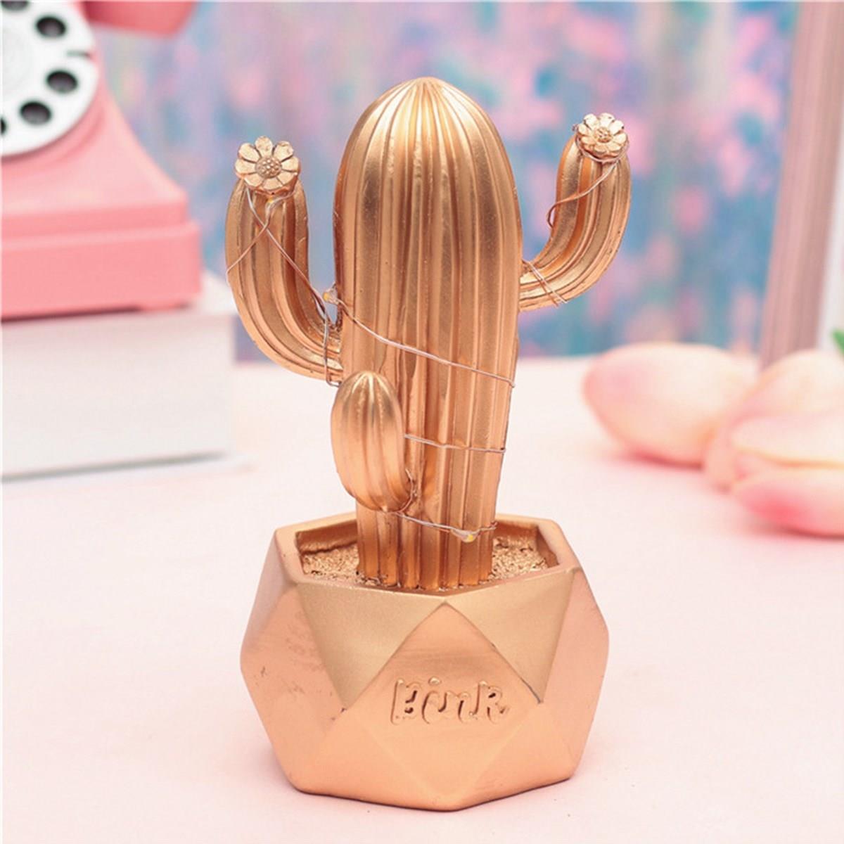 Led Işıklı Sevimli Kaktüs Dekoratif Masa Lambası Mini Biblo Gece Lambası-GOLD (5110)