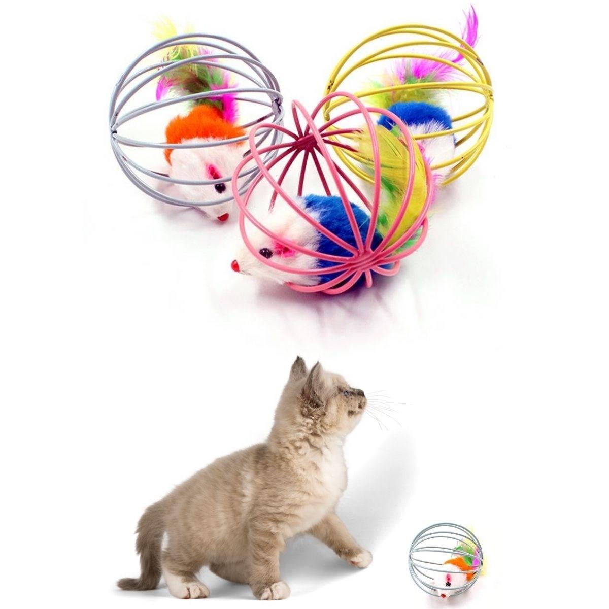 Renkli Metal Kafesli Peluş Fareli Kedi Köpek Oyuncağı Oyun Topu 6 cm (5110)